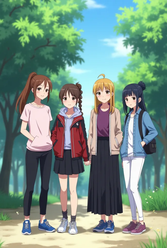 Anime video, 18-year-old girl with brown hair and a double ponytail hairstyle, wearing a light pink t-shirt, black pants, and blue shoes. she with an 18-year-old girl with brown hair, wearing a white hoodie, a red jacket, a long black skirt, and azure blue...