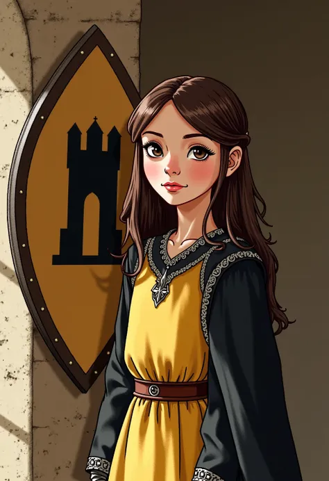 A realistic medieval fantasy portrait of a noble girl.  She is s. She is a small, scrawny girl whose dark eyes and brown hair. She is clever and as quick with words as with her hands. She looks at the viewer with loving eyes. 
She wears a gown of light yel...