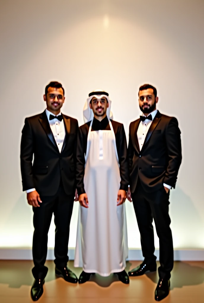 three men in formal attire standing in front of a wall, a picture by Ismail Acar, instagram, les nabis, enes dirig, groom, in front of white back drop, mohamed chahin, sam nassour, server in the middle, mohamed chahin style, profile image, facebook post, p...