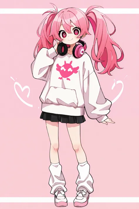  one woman、 full body standing picture 、 pink hair、 twin tails up to the shoulder、 white puffy sweatshirt、 black skirt、Headphones around the neck、 white socks、ピンク色の cuteスニーカー、Eye color is pink、Wide Eyes、 cute、 cute立ち方、smile。