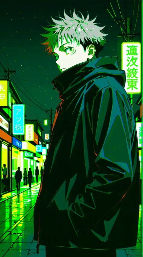 Man,alone,Yuuji Itadori,jujutsu kaisen,Create a digital art style pop art, street fashion, create digital art work in cinematic colors, vibrant brush strokes, emotions must be dynamic, upper body part, shape, tropical, Japanese town, night,best quality,hig...