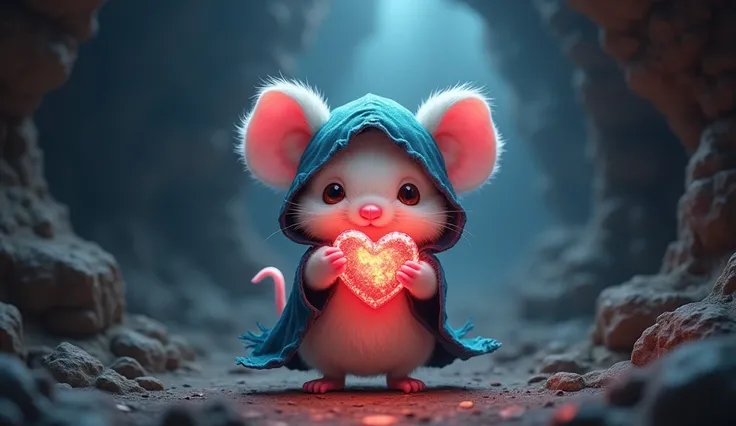 A small, kawaii adorable mouse-like humanoid street merchant, covered in fluffy white fur, stands in a deep, cool cavern. The creature wears a tattered blue hooded cloak, frayed at the edges, billowing gently as if touched by an unseen breeze. In its tiny ...