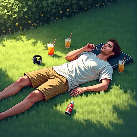 Create a cover for my Tech House set, try to draw a man lying on his stomach on a lawn with different clothes and drinks next to him