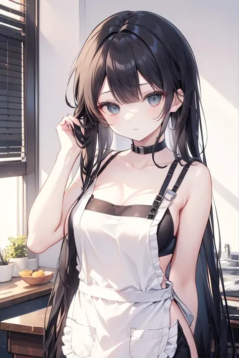 　Hairstyle((((Long straight hair ))))　 hair color(((black black)))　(((Upper body apron　 bra　Lower body)))