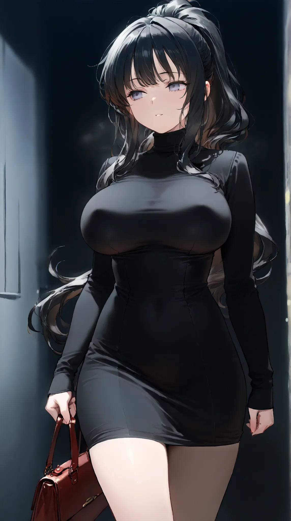  pretty girl,  black hair, Black Turtleneck Dress, Bag handle, Dark atmosphere,  High Detail ,  in the middle , Half-up ponytail,  big boobs