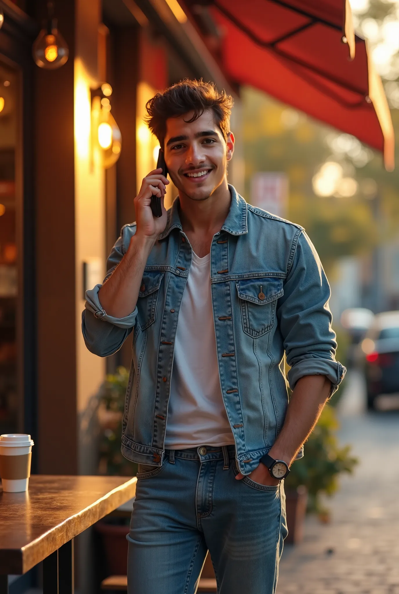 Create a male funkoo pop with features: John, a man in his early 22s, stands just outside a sunlit café. Dressed casually in a denim jacket and jeans, he holds a phone to his ear, talking to Mike. The atmosphere is vibrant but calm, with a small coffee cup...