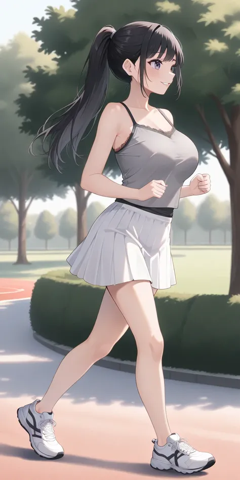 female, seventeen years old, Black hair, straight hair, high ponytail long hair, gray camisole (black lace), white platted tennis skirt, white sneakers, big breast, full body, standing, parted lips, smile, on the park, jogging, girl, soft light, high detai...