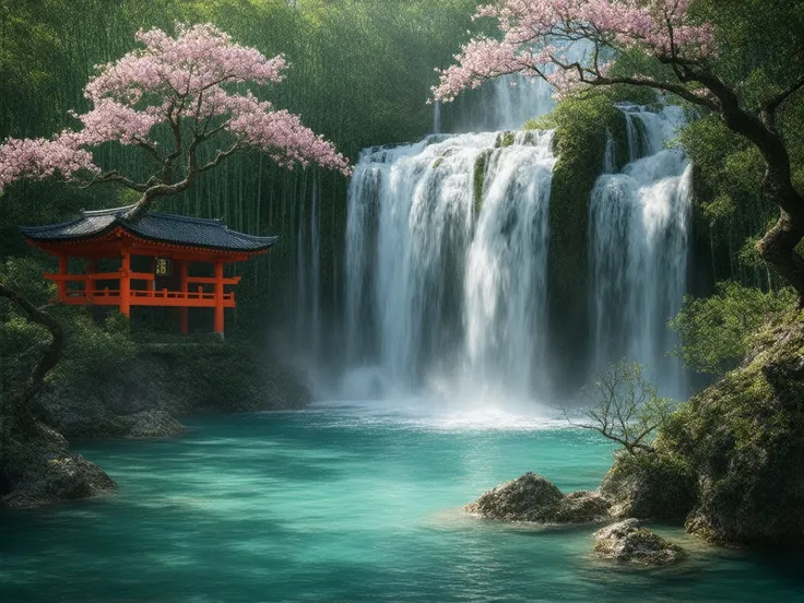 A breathtaking Japanese waterfall cascades down from towering cliffs, surrounded by lush greenery bathed in soft sunlight. The water flows in multiple streams, forming delicate white ribbons as it descends gracefully into a crystal-clear pool below. The tu...