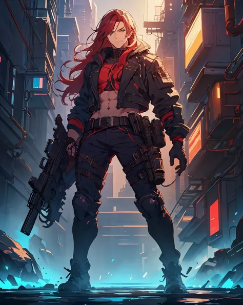 A age man ,beatiful face ,big hip, long red hair ,blue eyes ,gun ,High Resolution, Abstract,full-body view