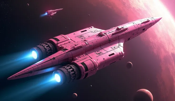 The spacecraft, With an elongated and imposing spear shape,  is a shade of metallic pink ,  reflecting light in a subtle way and highlighting its robust structure .  With hundreds of meters long , it displays a colossal scale .  Two giant engines run along...