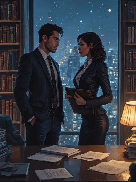 (best quality, ultra-detailed, **cinematic romance illustration**, dramatic lighting:1.2)  

A **tense yet electric mid-angle shot** capturing the **undeniable chemistry between two rival lawyers in a sleek, high-rise law firm.** The atmosphere is thick wi...