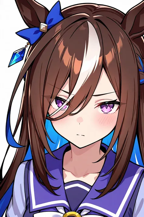 umamusume, 1girl, solo, horse ears, (long hair), black brown hair, two-tone hair, gradient inner navy blue hair, (single left-parted hair), asymmetrical bangs, (white streaked bangs between eyes), hair between eyes, braided on both sides, purple eyes, tsur...