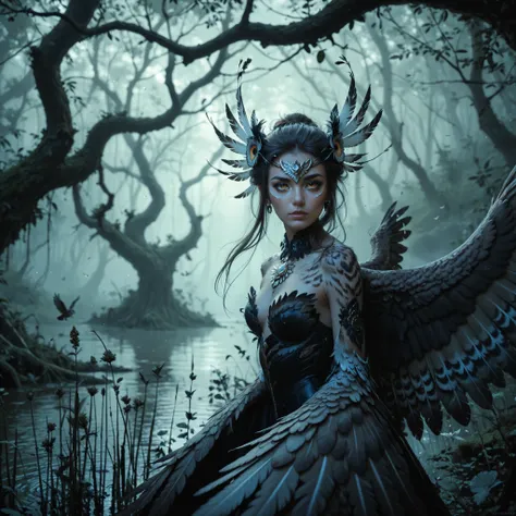 Swamp in the forest, 's face stands a woman, topless,  grow from hair with wings like an owl , owl-like wings, hands covered with feathers , chest covered with feathers , fantasy dark art,  dark feathered wings , very soft amber light in the eyes,  looking...