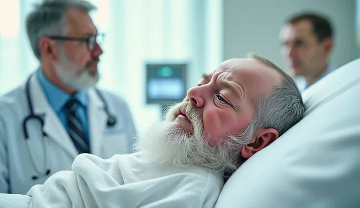 A small innocent newborn baby lying on a hospital bed with the face of an old man with a beard and mustache and the doctor standing looking at him worriedly.