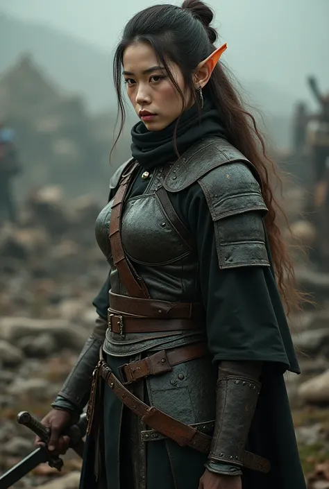 Upper body shot, Japanese woman, pointed elf ears, white skin, brown hair, closed mouth, ancient elven leather armor, combat pose, dynamic pose, complex fantasy character, NSFW, cinematic lighting, fantasy, magic, detailed background, on a ravaged battlefi...