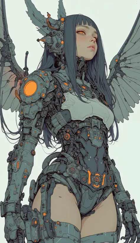  model woman with big wings 、Close-up view of a ,  mechanical valkyrie  girl, Female Mecha, Mecha Cyber Armored Girl ,  Aoshima Chiho Color Scheme  ,  Armor with Angle Wings  , Sharp details,  ACTION FIGURE MECHA ,  by Maciej Kuciara ,  there is a house ma...