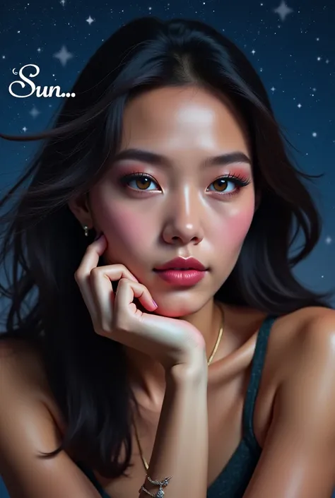 "A beautiful close-up portrait of a woman with flowing dark hair. Her eyes shimmer under soft lighting, and her skin glows with a flawless touch. She places her chin on her delicate hands, adorned with jewelry. The background features a starry night sky, w...