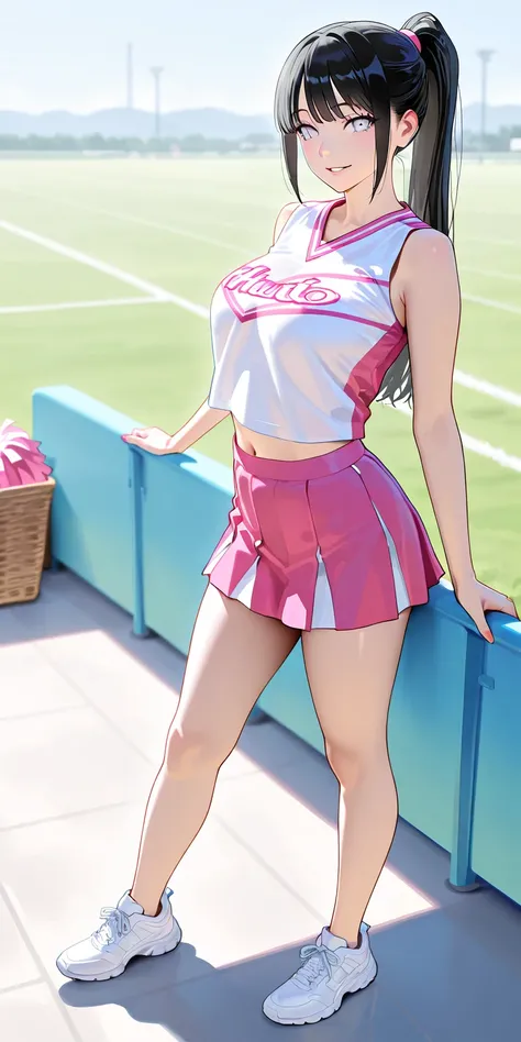 Masterpiece, newest, vibrant, very aesthetic, high contrast, mature woman, hinata hyuga, black hair, pony hair, straight hair, high ponytail long hair, white eyes, cheerleader uniform (white color shirt, pink color twisted mini skirt), white sneakers, medi...