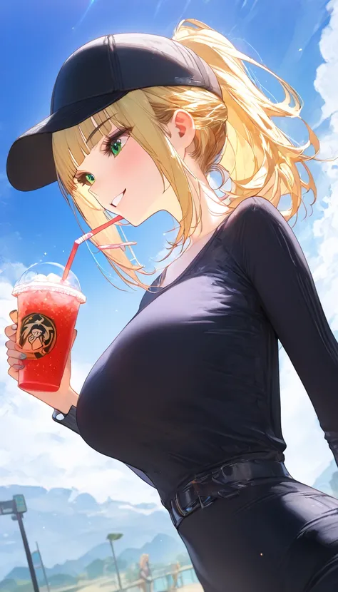 1girl, solo, vivid, cup, profile, food, ponytail, drinking, sidelocks, holding, fruit, from side, disposable cup, drinking straw, upper body, looking to the side, baseball cap, holding cup, blonde hair,, masterpiece, best quality, high score, great score, ...