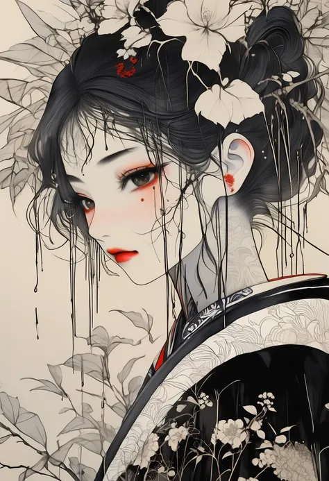 Black and white line drawing , fローラl print, flower,  hair ornament ,  kimono,  kimono, heart,  red lips, band ,  Dim Atmosphere  , Skeleton,  Double Exposure and Brush Strokes of a Crying Girl  , , Takato Yamamoto style 