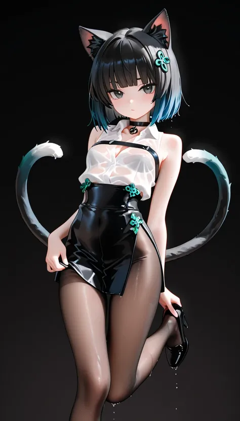 1girl, black eyes, tsurime, black Hair, blue gradient hair, white gradient hair, blunt bangs, cat tails, 2tails, cat ears, small Breast, choker, pantyhose, foot, masterpiece, best quality, Perfect details, perfect composition, absurdres, newest, very aesth...