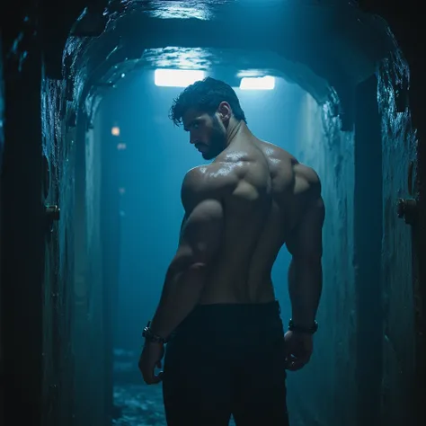 In a cold jungle, A CELL IN A BUNKER, inside her, a handsome, tall man with black hair and blue eyes, an imposing look, Large, enormous muscular, amazing with an imposing aura with shackles on his hands with a marked abdomen, a wide back with a bare torso ...