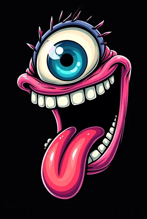 mascot logo style vector design of a cartoon eye, wide open with a blue iris, large toothy grin, and a pink/red tongue sticking out, showcasing vibrant colors and a detailed line-art style evoking a grotesque or humorous expression, color the design and th...