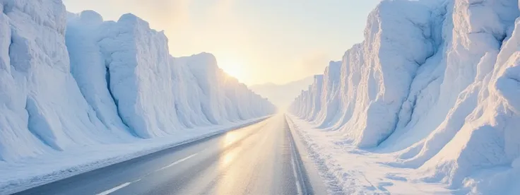 A highway running through high walls of snow