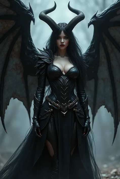 Demon femme démon vêtue de&#39;une armure noire, belle reine démon élégante, sombre reine des Enfers, très grandes ailes démoniaques,art de style fantaisie sombre, Diablo 4 Lilith, Alena Aenami et Artgerm, reine des Enfers, style fantastique épique, yeux b...