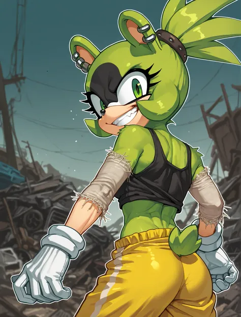 ((surge the tenrec)), ((masterpiece)), ((high resolution)), ((solo portrait)), ((back view)), {(athletic figure), (green fur), (black fur around eyes), (black nose), (round ears), (ear piercings), (short tail), (cute green eyes), (sharp eyelashes), (ponyta...