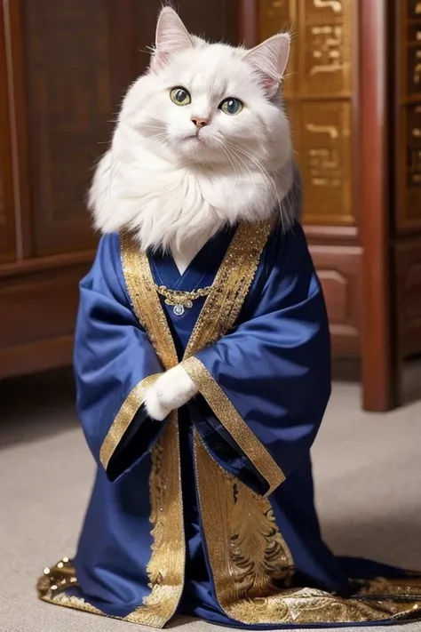 A Maine cat with long white hair ， Its sapphire-like eyes sparkle with pride 。 is dressed in a Ming dynasty aristocrat's robe ， The clothes are adorned with bright gemstones and fine gold and silver ornaments，Raise one front paw。