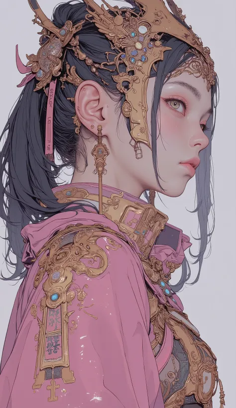 from side、Closeup of a woman in a pink and gold costume, Concept art inspired by Lang Yin , CG Societyでトレンド,  Fantasy Art , portrait  a knight girl of the zodiac , Gorgeous cosplay, Genshin Impact&#39;s Zhongli, Genshin Impactのキャリング,  an enchanting elf pri...