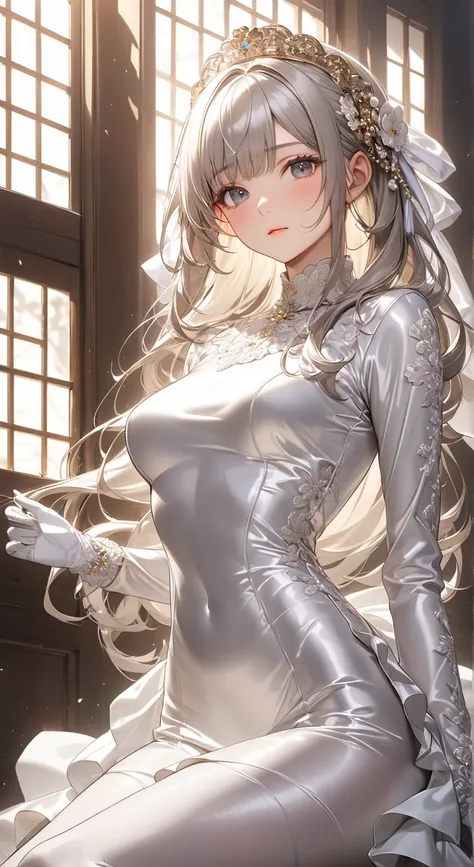  full body photo、 portrait 、god々Shining light、( masterpiece, top quality,  ultra high resolution ),Extremely detailed CG, Japanese woman,(( beautiful face)),(( long sleeve long sleeve dress made of shiny white silk satin))、((The dress has a simple design w...