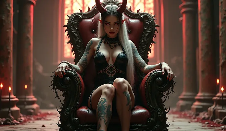  
Full body cinematic shot of Young, alluring female demon with big breast and long legs, striking brown hair, pointed ears, and horns. Red eyes and a sly, confident smirk.  Detailed, intricate tattoos cover her body, showcasing intricate designs in shades...