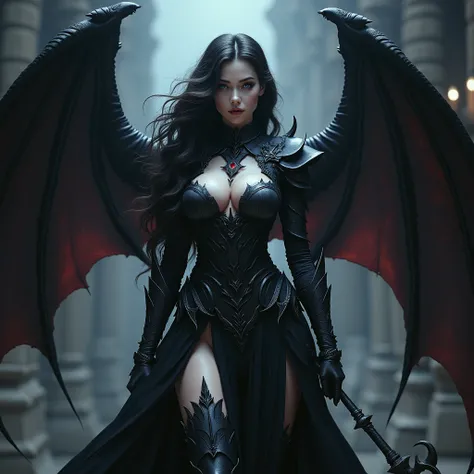 Demon Demon Woman Dressed in Black Armor, Beautiful Elegant Demon Queen, Dark Queen of Underworld, (very long and large Demonic Wings: 1.99), Dark Fantasy Style Art, Diablo 4 Lilith, Alena Aenami and Artgerm, Queen of Hell, Fantastic Style Epic, blue eyes,...