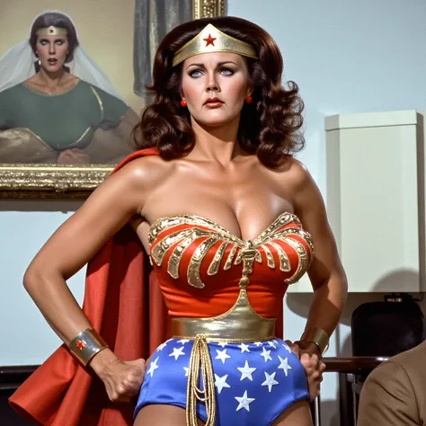  rope crisis scene " Pushing out plump breasts .  Sexy Linda Carter as an Iconic 1960s Wonder Woman,  Wearing Wonder Woman Spandex Costume ,  spandex patriotic blue skirt .  red patriotic cloak ,  red wonder woman boots .  with her gold lasso on her waist ...