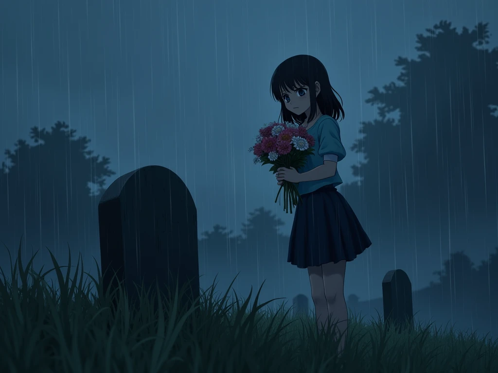 Anime girl crying with flowers in her hand grave of her parents in front of her dull eyes mowed low shine rain blue filter dark ambient style