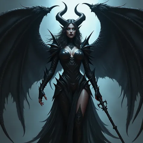 Demon Demon Woman Dressed in Black Armor,(full body:1.99) (slim body:1.99), Beautiful Elegant Demon Queen, Dark Queen of Underworld, (very long and large Demonic Wings: 1.99), Dark Fantasy Style Art, Diablo 4 Lilith, Alena Aenami and Artgerm, Queen of Hell...