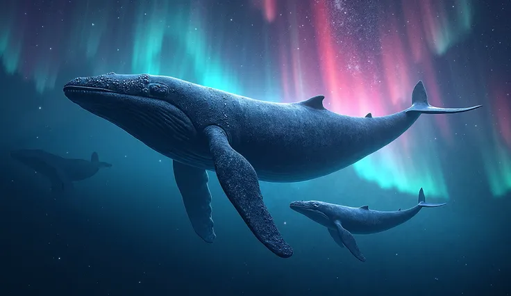 Whales swimming in a sea of stars with rainbow-colored auroras