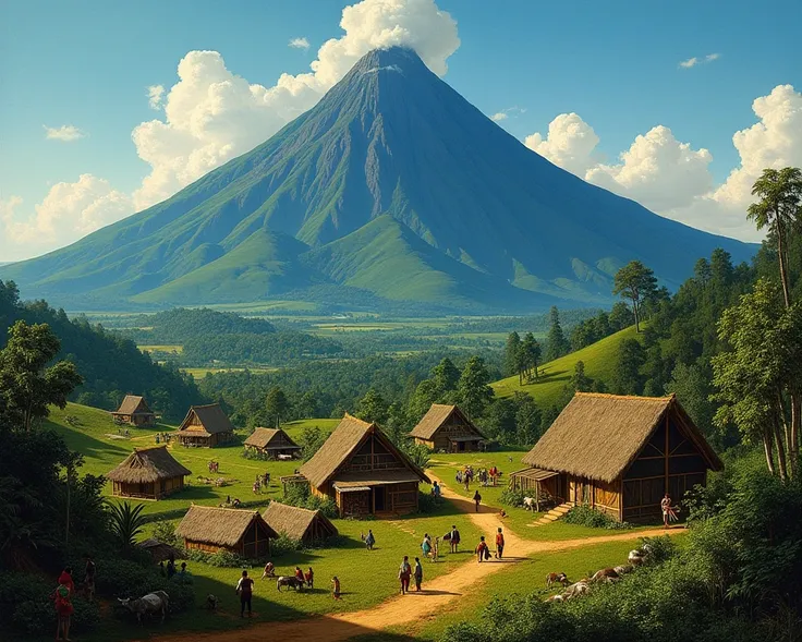 Generate a painting of peter Brueghel of mount mayon with Filipino village 