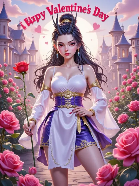 A fierce young girl stands confidently in a vibrant garden filled with pink roses. She holds a red rose in one hand,with a determined expression on her face,complete with furrowed brows. Dressed in colorful,traditional attire,she radiates strength amid a b...