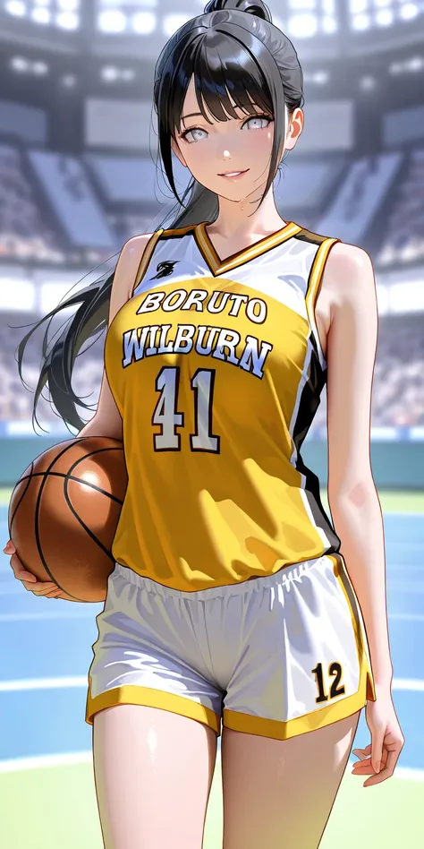 Masterpiece, newest, vibrant, very aesthetic, high contrast, mature woman, hinata hyuga, black hair, pony hair, straight hair, high ponytail long hair, white eyes, yellow thight basketball team uniform, yellow thight basketball team short pants uniform, wh...