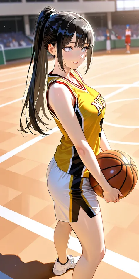 Masterpiece, newest, vibrant, very aesthetic, high contrast, mature woman, hinata hyuga, black hair, pony hair, straight hair, high ponytail long hair, white eyes, yellow thight basketball team uniform, yellow thight basketball team short pants uniform, wh...