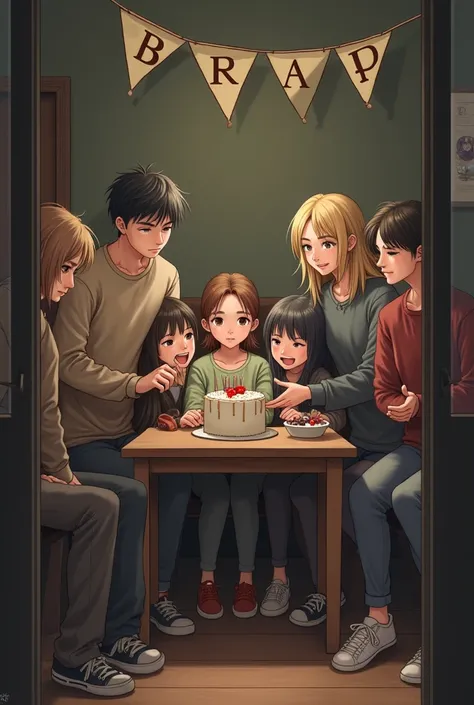 two unhappy friend giving birthday treat to five of their friends