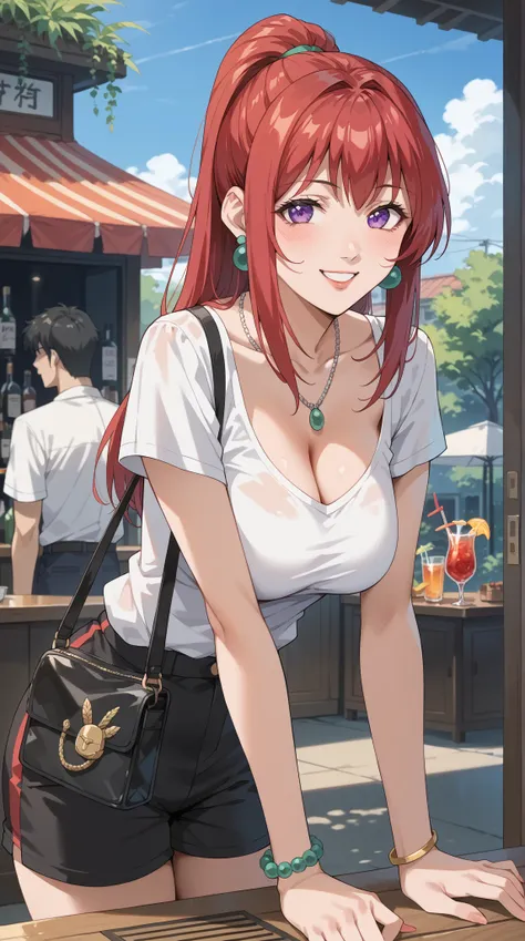 Takashiro Hiroko, 1 female,  middle-aged woman,   red bangs and a ponytail hanging down the side , purple eyes,   beautiful earrings and necklace , bracelet,  white shirt , mini bag and cocktails, skinny shorts ,  blasted condition , bright smile, Big bar ...