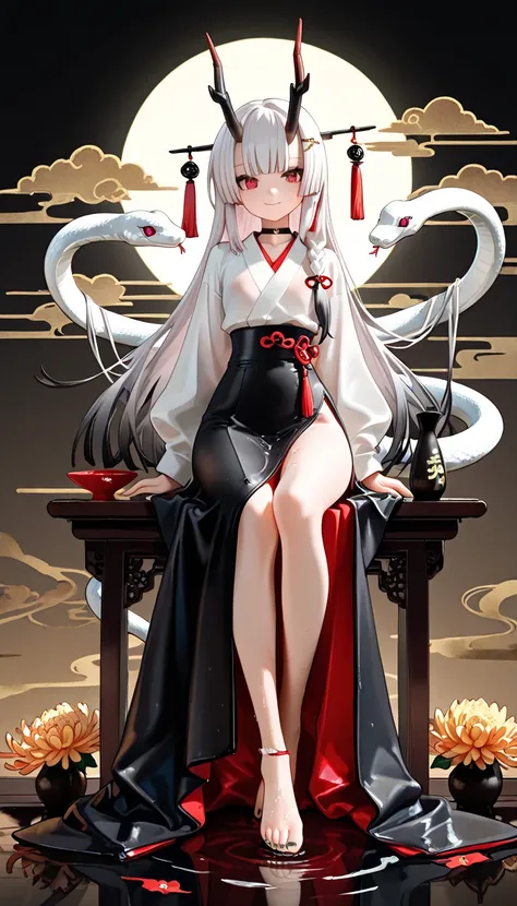 1girl, red eyes, long white braid hair, purple Gradient hair, blunt bangs, hime cut, soft smile, snake, dragon horns, Multiple horn, flat Breast, Traditional office suit, high waist, side slit long skirt, Choker, bare legs, foot, toenails, black nails, mas...