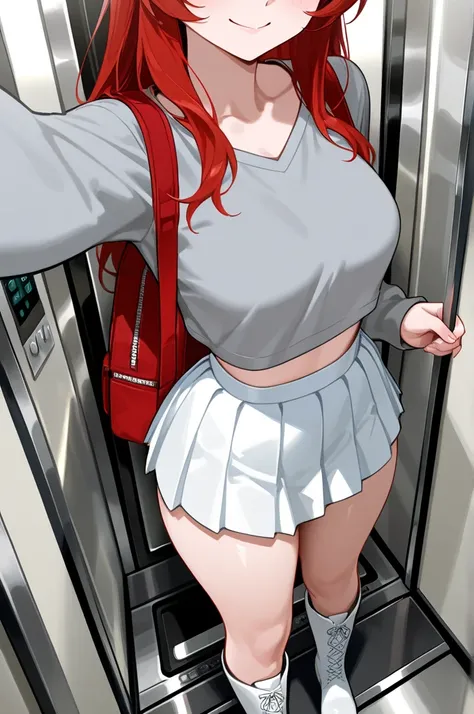 Beautiful girl alone , 8k Masterpiece, in an elevator, grey crop sweatshirt , white pleated mini skirt, small red bag,  white boots ,  medium breasts ,  thin waist ,  marked abdomen,  Big Thighs,  smile, sexy,  selfie from above  