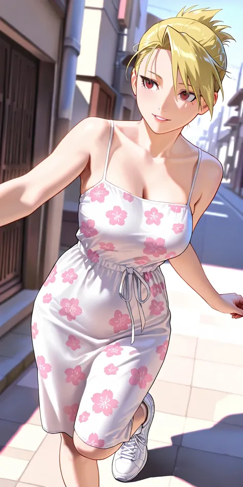 Masterpiece, newest, vibrant, very aesthetic, high contrast, mature woman, riza hawkeye, bun hair, white color mini spaghetti strap housedress (pink color floral motif), white sneakers, medium breast, full body, parted lips, smile, on the street, walk on t...