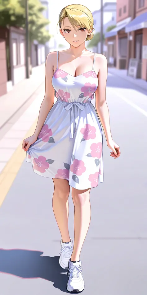 Masterpiece, newest, vibrant, very aesthetic, high contrast, mature woman, riza hawkeye, bun hair, white color mini spaghetti strap housedress (pink color floral motif), white sneakers, medium breast, full body, parted lips, smile, on the street, walk on t...