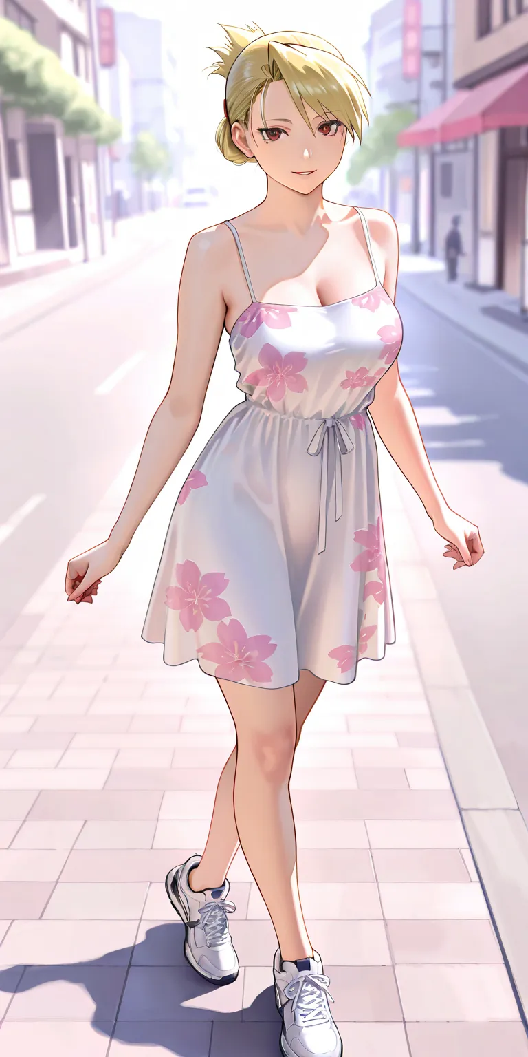 Masterpiece, newest, vibrant, very aesthetic, high contrast, mature woman, riza hawkeye, bun hair, white color mini spaghetti strap housedress (pink color floral motif), white sneakers, medium breast, full body, parted lips, smile, on the street, walk on t...